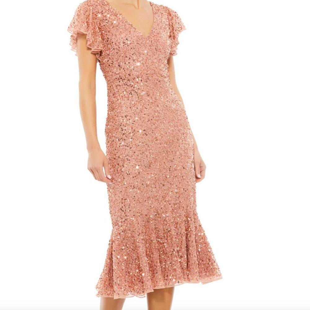 Mac Duggal Sequin Flutter Sleeve Ruffle Midi Dress